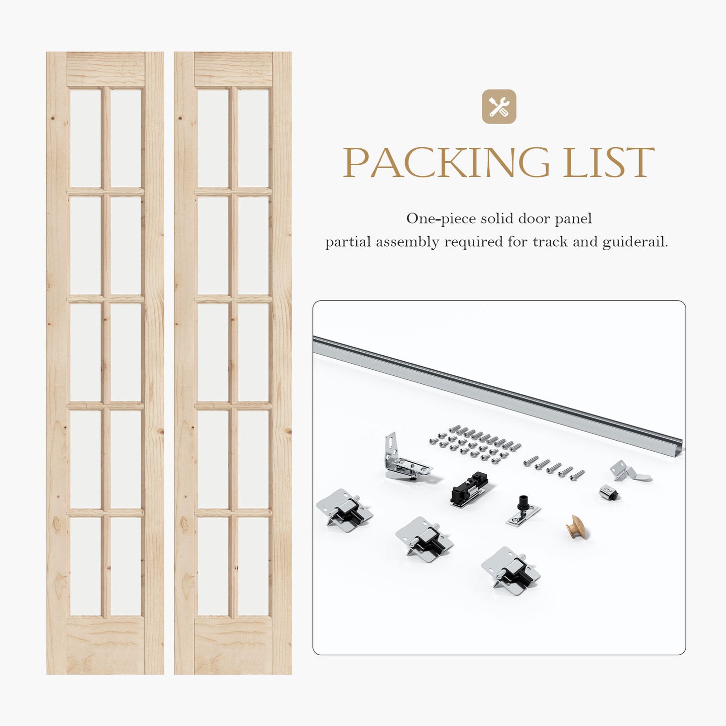 Unfinished Solid Wood Glass Bi-Fold Door With Installation Hardware Kit