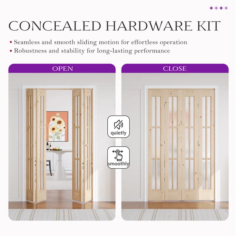 Unfinished Solid Wood Glass Bi-Fold Door With Installation Hardware Kit