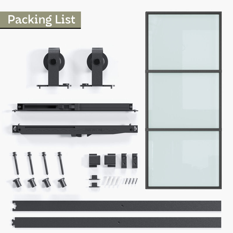 84" Metal and Glass Sliding Barn Door with Two-Way Soft Close and Installation Hardware Kit