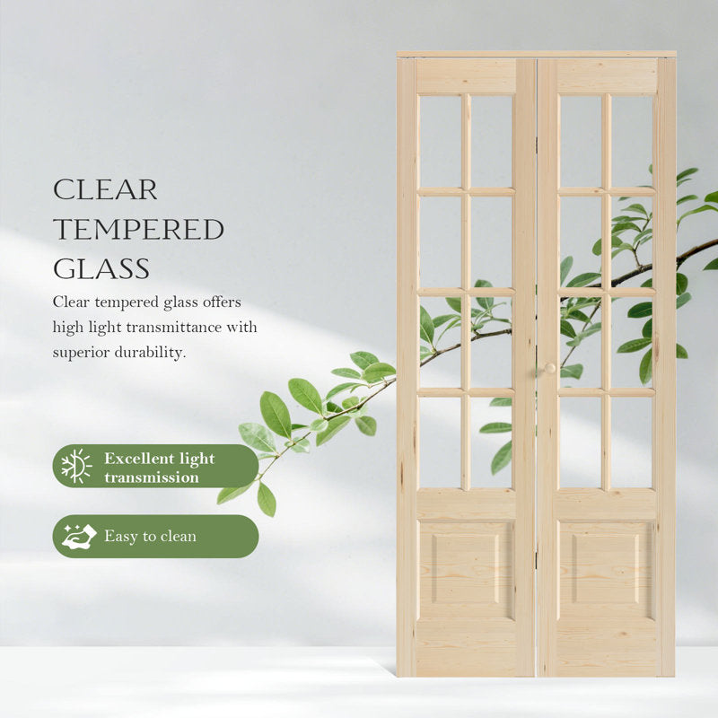 8-Lite Glass And Solid Wood Bi-Fold Door With Installation Hardware Kit