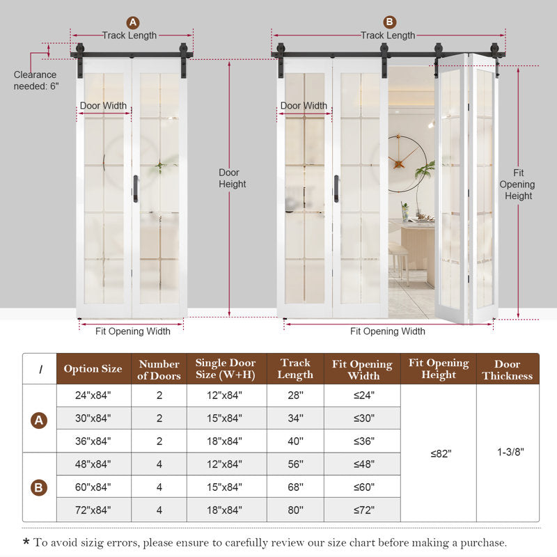 84'' Manufactured Wood And Glass French White Bi-Fold Barn Door With Installation Hardware Kit
