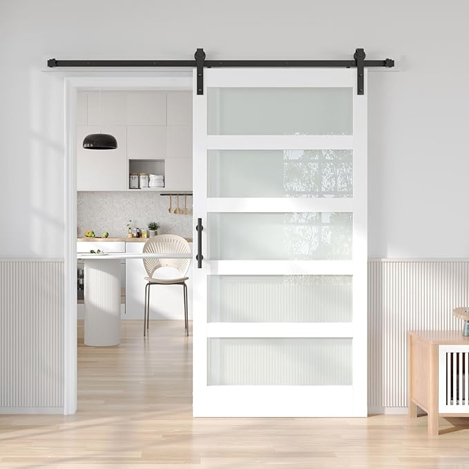 Fredbeck 30in x 84in White Glass Barn Door with 5.5FT 66inch Sliding Doors Hardware Kit Included & Handle,PVC Surface,Need to Assembly,Water-Proof