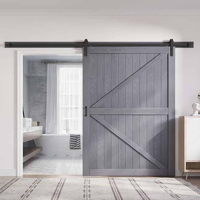 FREDBECK 30in x 84in Gray Wood Barn Door Slab with 5ft (60inch) Barn Door Hardware Track Kit Included, Double Surfaces,Simple Assembly is Required,K-Frame,Grey