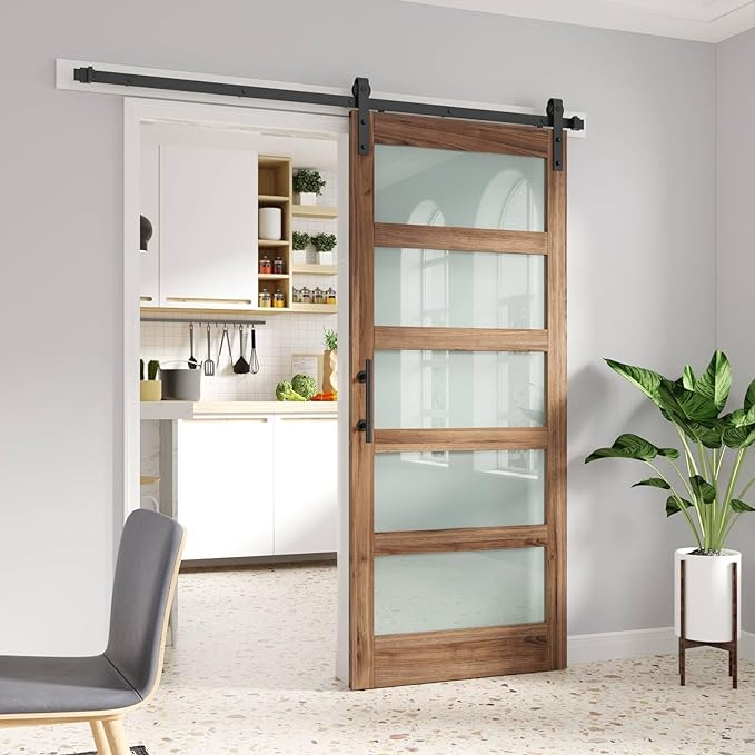 FREDBECK 30 x 84 inch Glass Barn Door with 5.5FT Barn Door Hardware Kit & Handle Included,5-Panel Frosted Glass,Wood Panel,Water-Proof Surface,Pre-Drilled Holes,Need Assembly