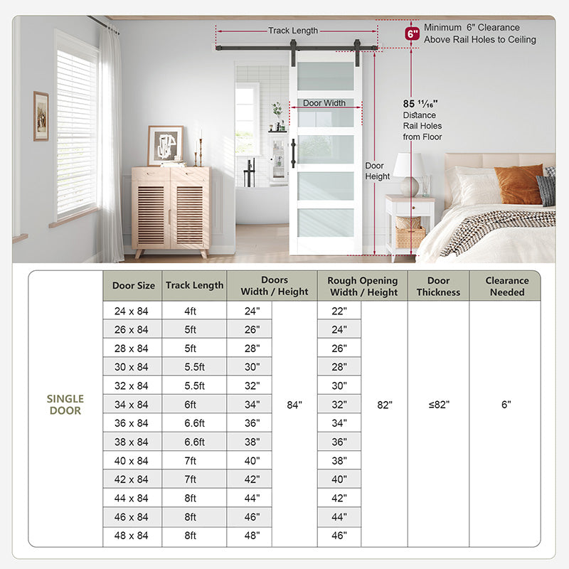 Fredbeck 30in x 84in White Glass Barn Door with 5.5FT 66inch Sliding Doors Hardware Kit Included & Handle,PVC Surface,Need to Assembly,Water-Proof