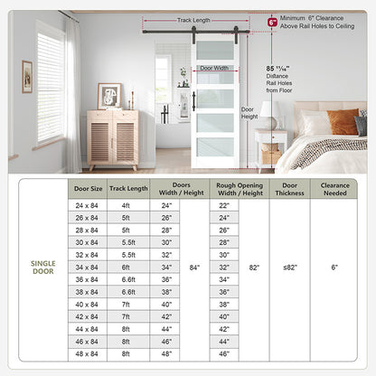Fredbeck 30in x 84in White Glass Barn Door with 5.5FT 66inch Sliding Doors Hardware Kit Included & Handle,PVC Surface,Need to Assembly,Water-Proof