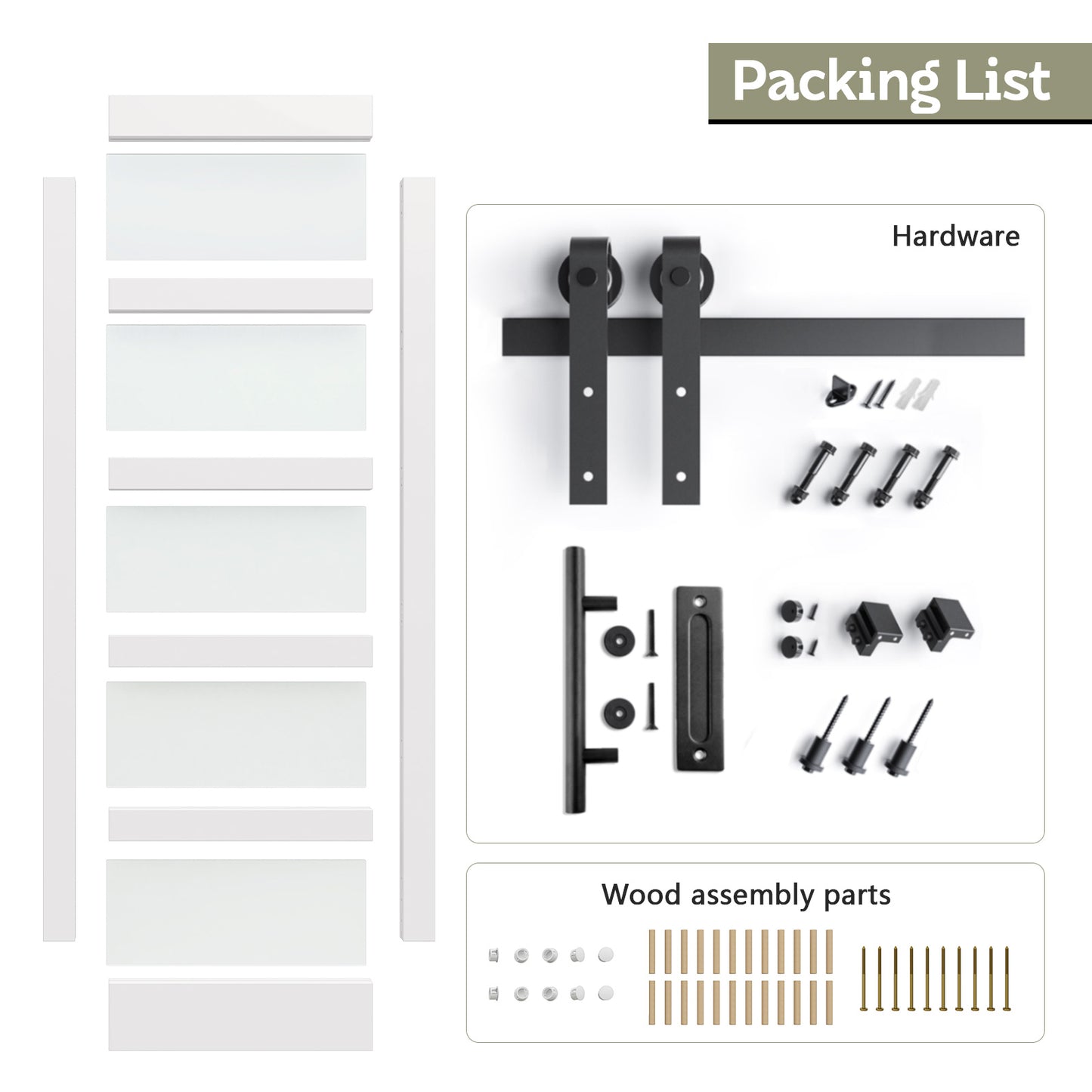 Fredbeck 30in x 84in White Glass Barn Door with 5.5FT 66inch Sliding Doors Hardware Kit Included & Handle,PVC Surface,Need to Assembly,Water-Proof