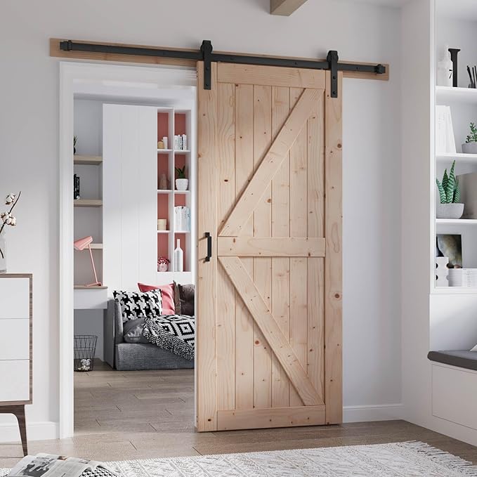 FREDBECK 30in x 84in Sliding Barn Door with 5FT Barn Door Hardware Kit Included Wood K Shape Solid Spruce Panel Need to Assembly