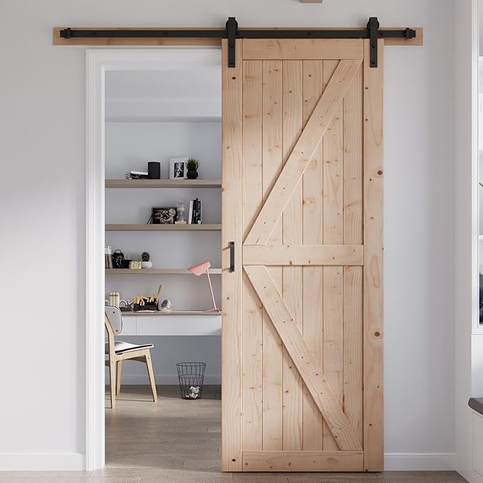 FREDBECK 30in x 84in Sliding Barn Door with 5FT Barn Door Hardware Kit Included Wood K Shape Solid Spruce Panel Need to Assembly