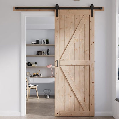 FREDBECK 30in x 84in Sliding Barn Door with 5FT Barn Door Hardware Kit Included Wood K Shape Solid Spruce Panel Need to Assembly