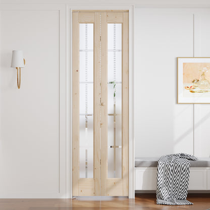 Solid Wood Glass Unfinished Bi-Fold Door With Installation Hardware Kit