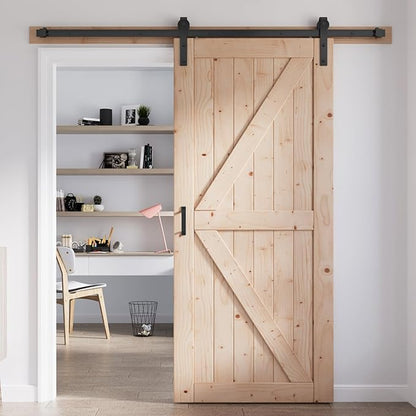 FREDBECK 30in x 84in Sliding Barn Door with 5FT Barn Door Hardware Kit Included Wood K Shape Solid Spruce Panel Need to Assembly