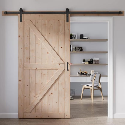 FREDBECK 30in x 84in Sliding Barn Door with 5FT Barn Door Hardware Kit Included Wood K Shape Solid Spruce Panel Need to Assembly
