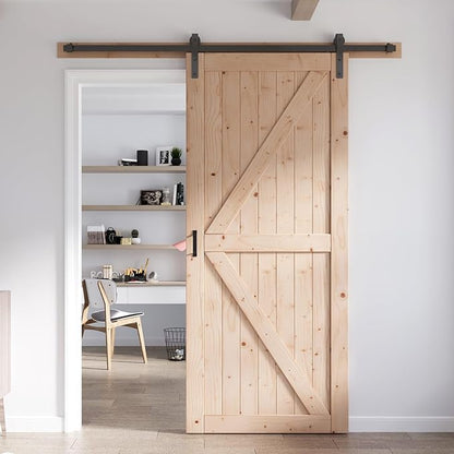 FREDBECK 30in x 84in Sliding Barn Door with 5FT Barn Door Hardware Kit Included Wood K Shape Solid Spruce Panel Need to Assembly