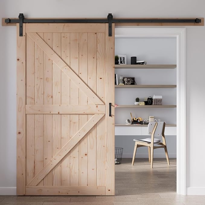 FREDBECK 30in x 84in Sliding Barn Door with 5FT Barn Door Hardware Kit Included Wood K Shape Solid Spruce Panel Need to Assembly