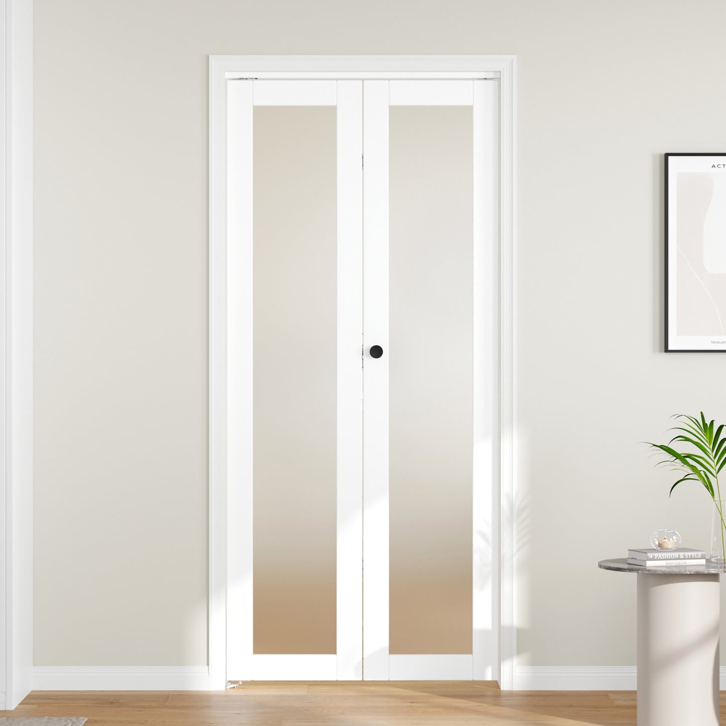 Modern Minimalist Folding Door | Space-Saving Interior Bi-Fold Door | White Wood Grain Finish | Closet / Storage Room / Partition Door | Smooth & Quiet Operation