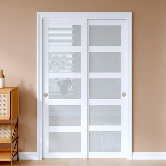 5 Lite Frosted Glass Bypass Sliding Door With Installation Hardware Kit