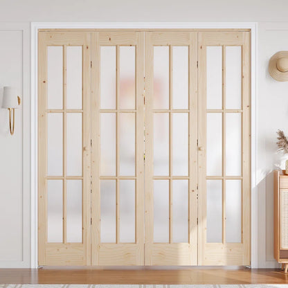 Unfinished Solid Wood Glass Bi-Fold Door With Installation Hardware Kit