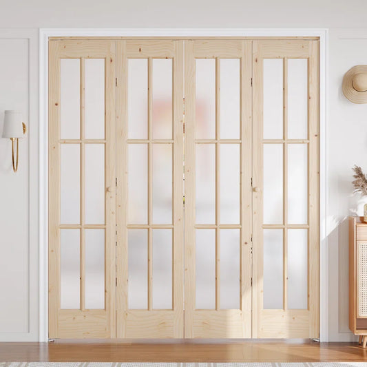 Unfinished Solid Wood Glass Bi-Fold Door With Installation Hardware Kit