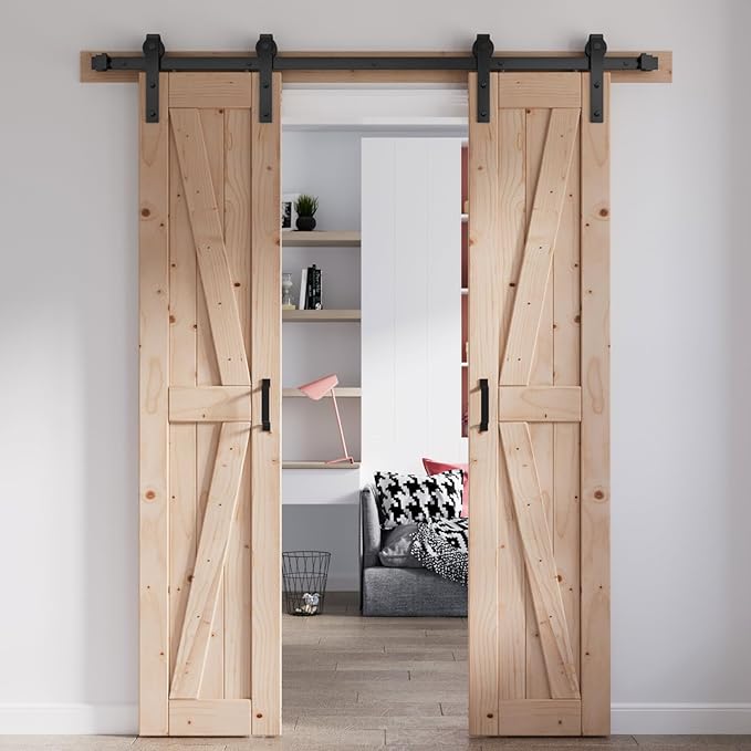 FREDBECK 30in x 84in Sliding Barn Door with 5FT Barn Door Hardware Kit Included Wood K Shape Solid Spruce Panel Need to Assembly