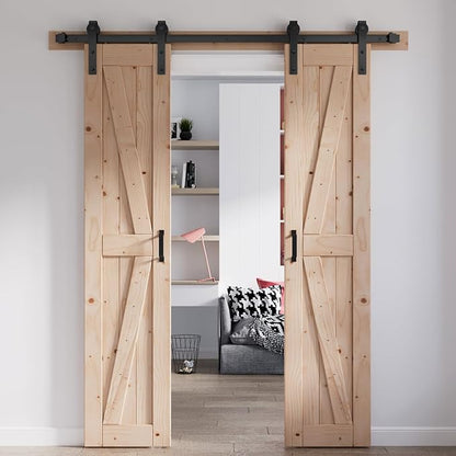 FREDBECK 30in x 84in Sliding Barn Door with 5FT Barn Door Hardware Kit Included Wood K Shape Solid Spruce Panel Need to Assembly