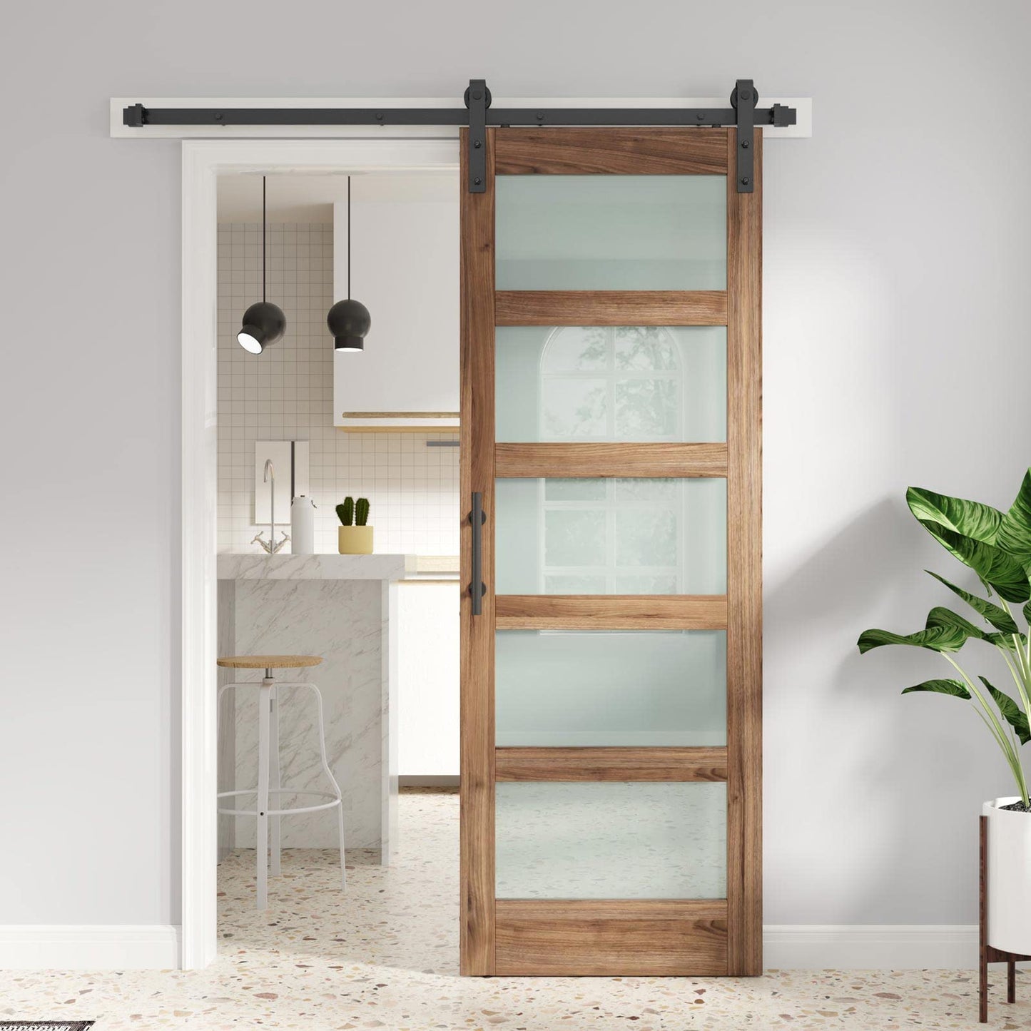 FREDBECK 30 x 84 inch Glass Barn Door with 5.5FT Barn Door Hardware Kit & Handle Included,5-Panel Frosted Glass,Wood Panel,Water-Proof Surface,Pre-Drilled Holes,Need Assembly