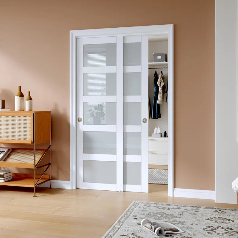 5 Lite Frosted Glass Bypass Sliding Door With Installation Hardware Kit