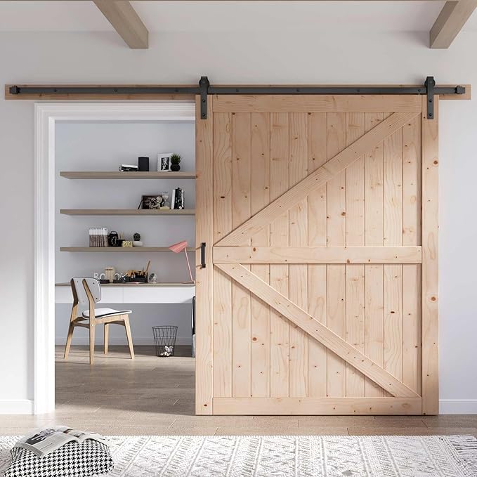 FREDBECK 30in x 84in Sliding Barn Door with 5FT Barn Door Hardware Kit Included Wood K Shape Solid Spruce Panel Need to Assembly