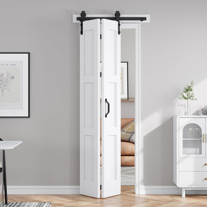 FREDBECK 24X84(Double 12x84) White Bifold Door Sliding Folding Barn Doors Double with  Hardware Kit & Handle,Solid MDF Door with Water-Proof PVC Surface for Closet,Assembly Required