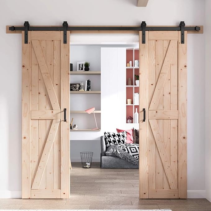 FREDBECK 30in x 84in Sliding Barn Door with 5FT Barn Door Hardware Kit Included Wood K Shape Solid Spruce Panel Need to Assembly
