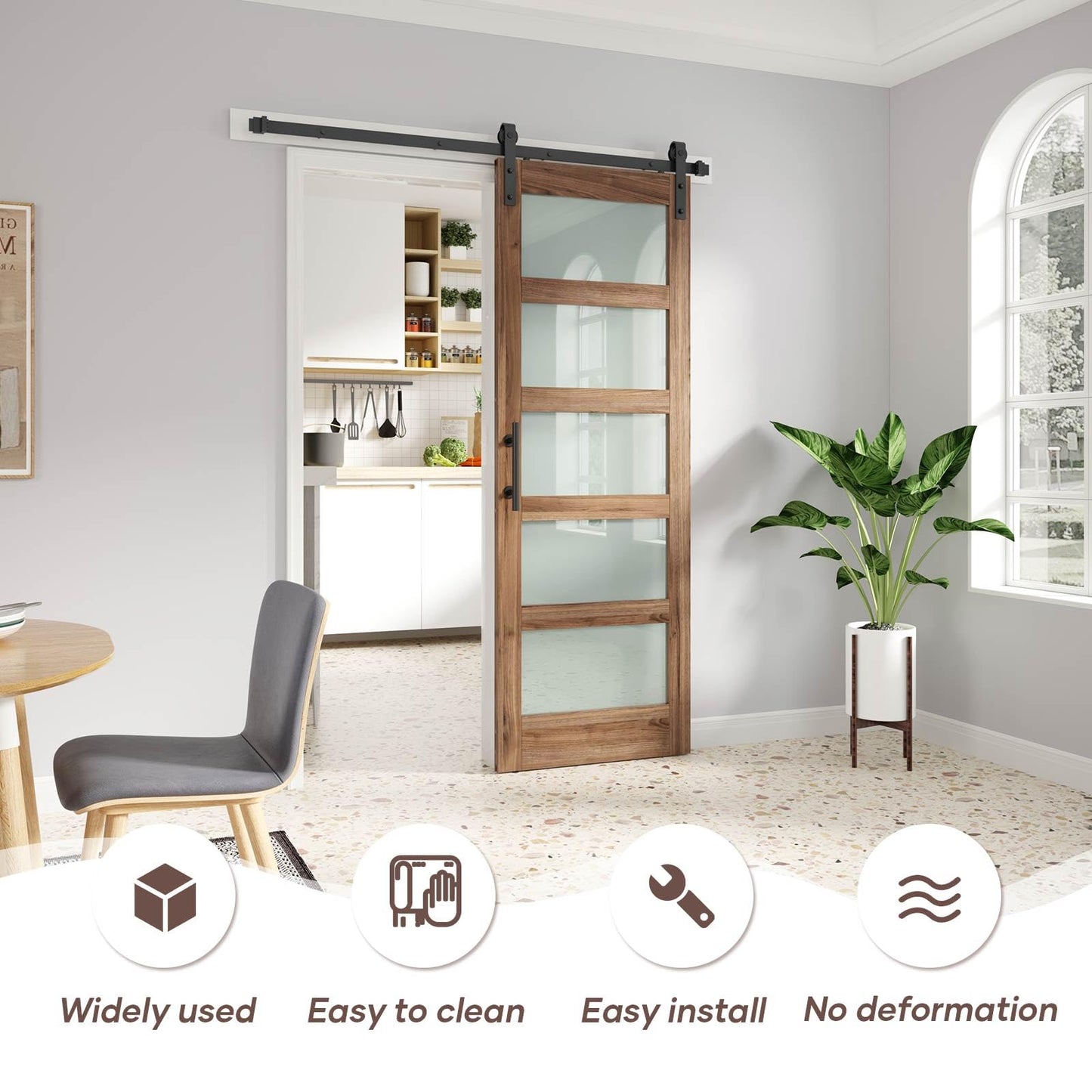 FREDBECK 30 x 84 inch Glass Barn Door with 5.5FT Barn Door Hardware Kit & Handle Included,5-Panel Frosted Glass,Wood Panel,Water-Proof Surface,Pre-Drilled Holes,Need Assembly