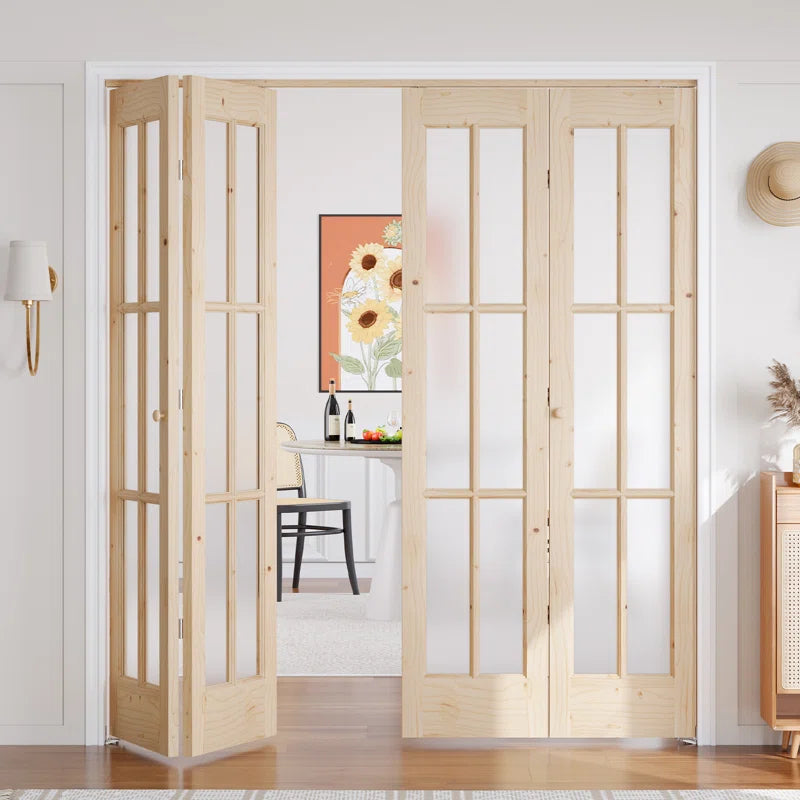 Unfinished Solid Wood Glass Bi-Fold Door With Installation Hardware Kit