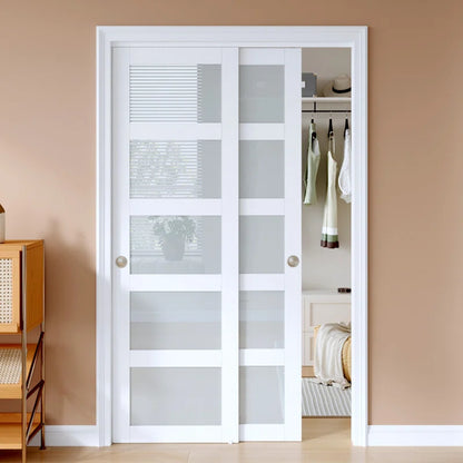 5 Lite Frosted Glass Bypass Sliding Door With Installation Hardware Kit