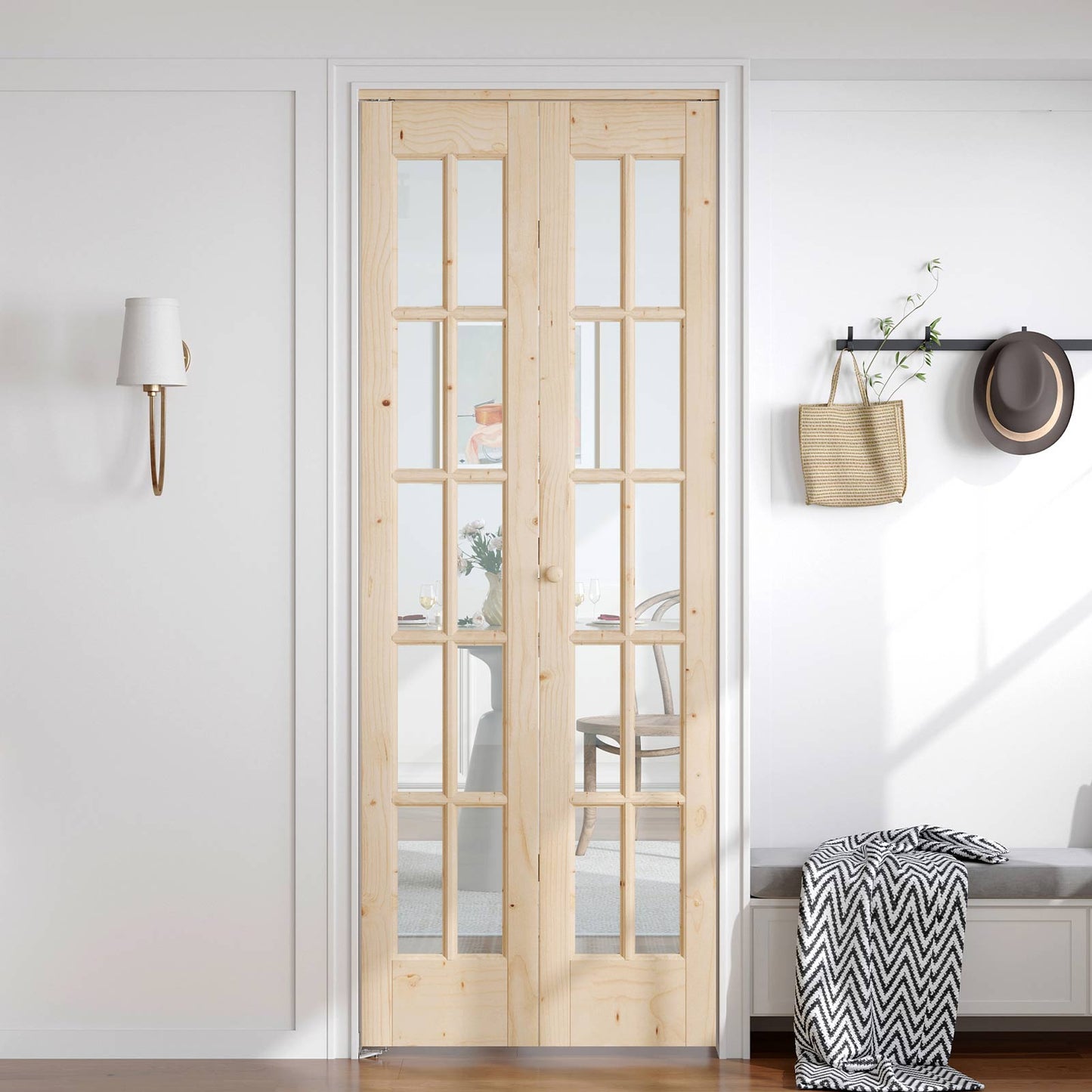 Unfinished Solid Wood Glass Bi-Fold Door With Installation Hardware Kit
