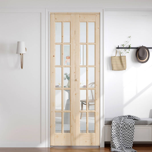 Unfinished Solid Wood Glass Bi-Fold Door With Installation Hardware Kit
