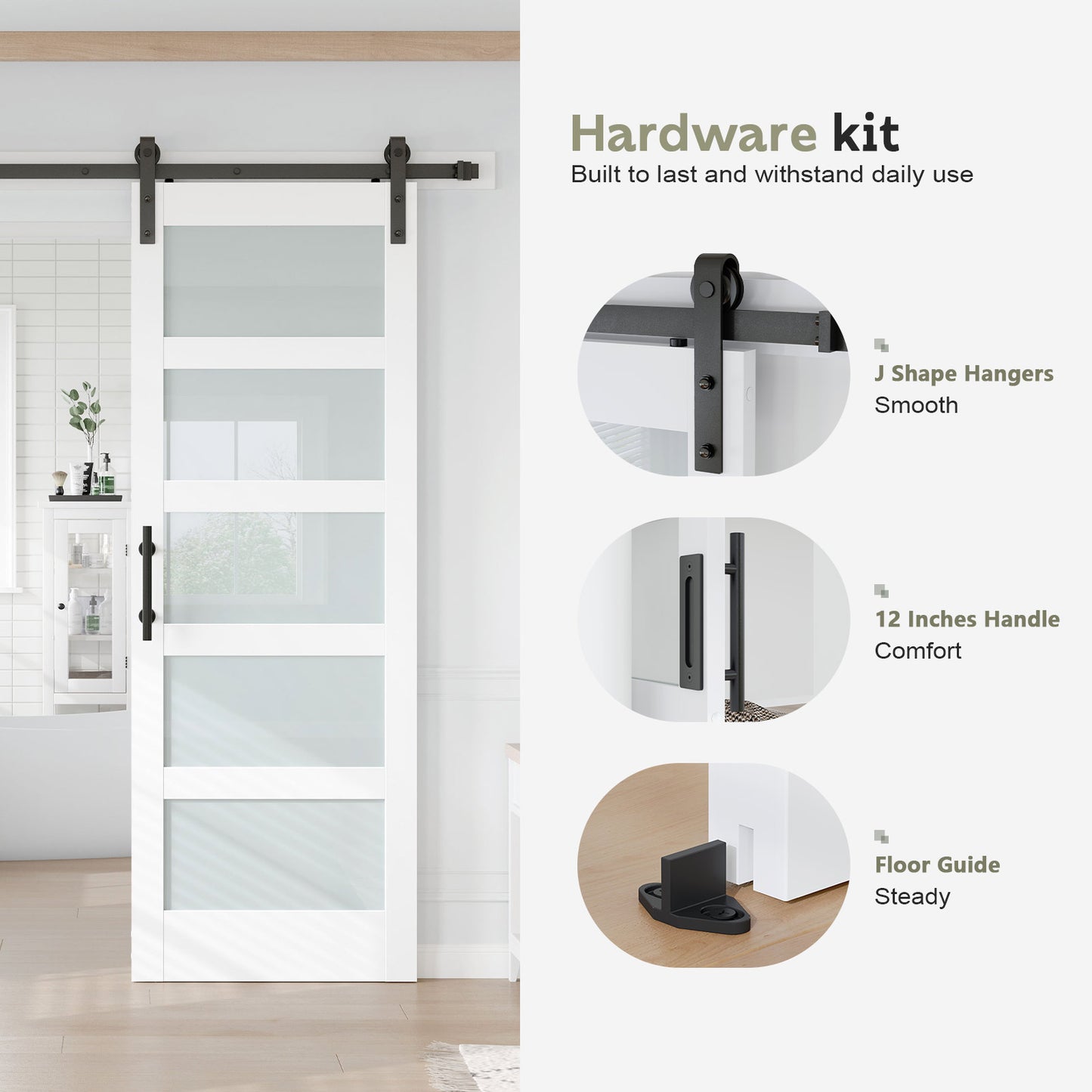 Fredbeck 30in x 84in White Glass Barn Door with 5.5FT 66inch Sliding Doors Hardware Kit Included & Handle,PVC Surface,Need to Assembly,Water-Proof