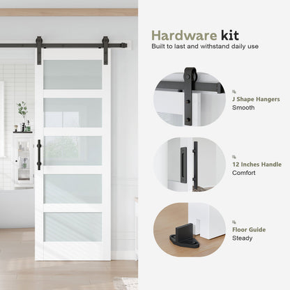 Fredbeck 30in x 84in White Glass Barn Door with 5.5FT 66inch Sliding Doors Hardware Kit Included & Handle,PVC Surface,Need to Assembly,Water-Proof