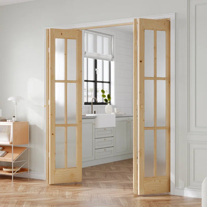 Unfinished Solid Wood Glass Bi-Fold Door With Installation Hardware Kit