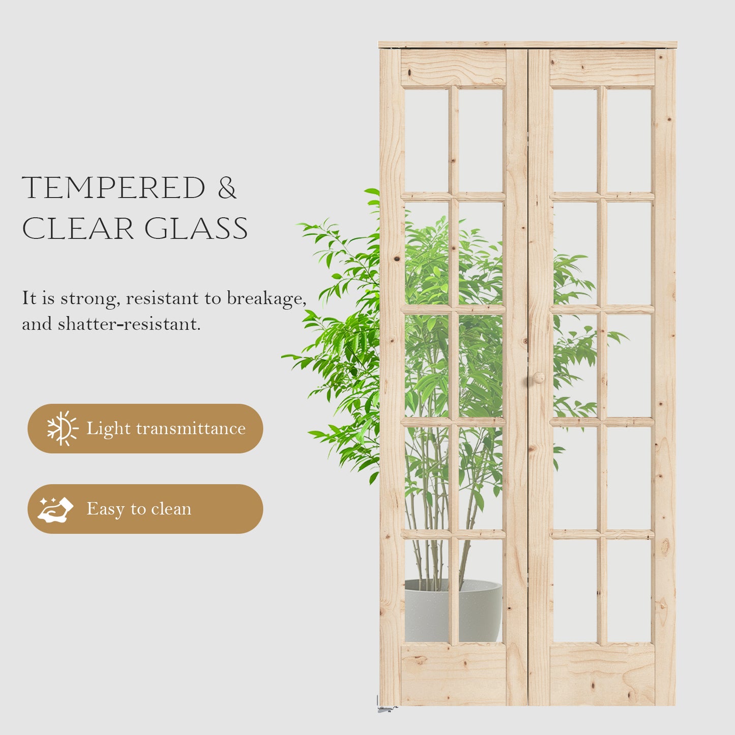 Unfinished Solid Wood Glass Bi-Fold Door With Installation Hardware Kit