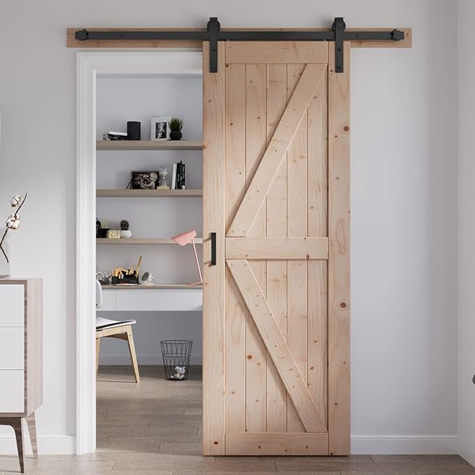 FREDBECK 30in x 84in Sliding Barn Door with 5FT Barn Door Hardware Kit Included Wood K Shape Solid Spruce Panel Need to Assembly