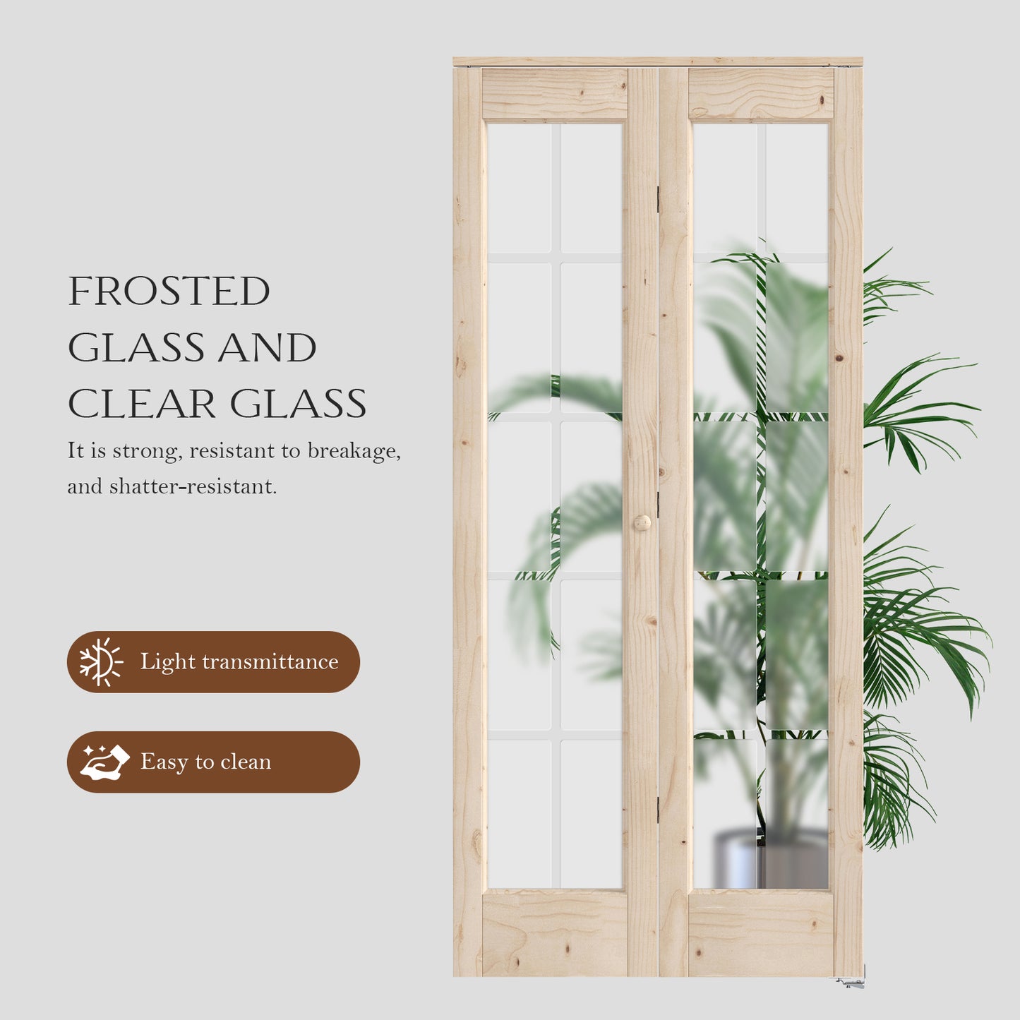 Solid Wood Glass Unfinished Bi-Fold Door With Installation Hardware Kit
