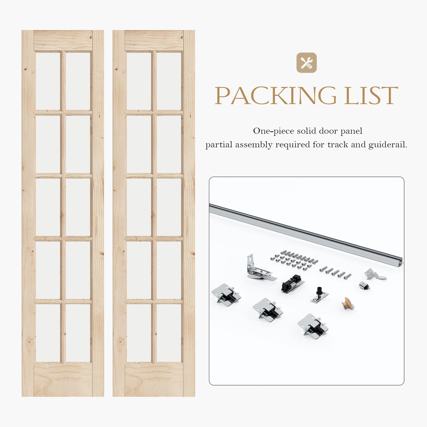 Unfinished Solid Wood Glass Bi-Fold Door With Installation Hardware Kit