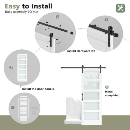 Fredbeck 30in x 84in White Glass Barn Door with 5.5FT 66inch Sliding Doors Hardware Kit Included & Handle,PVC Surface,Need to Assembly,Water-Proof