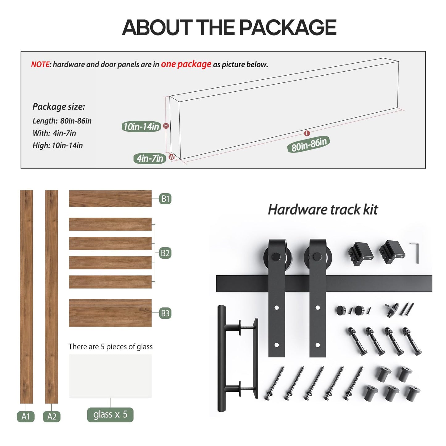 FREDBECK 30 x 84 inch Glass Barn Door with 5.5FT Barn Door Hardware Kit & Handle Included,5-Panel Frosted Glass,Wood Panel,Water-Proof Surface,Pre-Drilled Holes,Need Assembly
