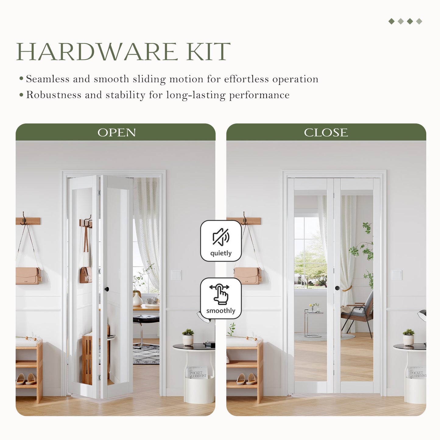 FREDBECK Preassembled Bifold Barn Door 30x84 (Double 15x84) with 1 Lites Mirror,Bi-fold Closet Doors Hardware Kit Included,34" Track for 2 Doors, PVC, White,for Living Room, Bathrooms, Kicthen