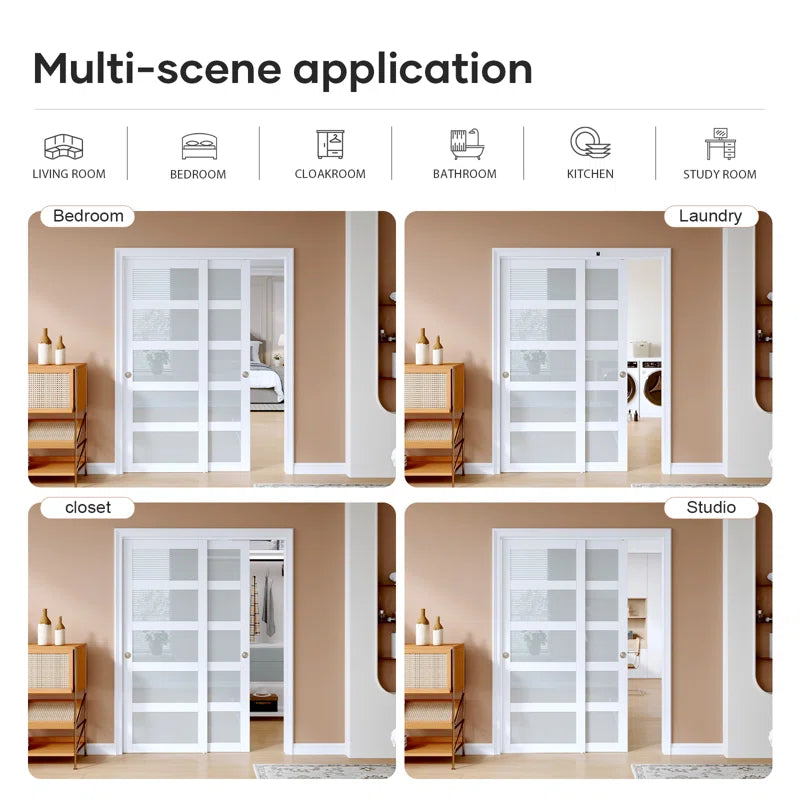 5 Lite Frosted Glass Bypass Sliding Door With Installation Hardware Kit
