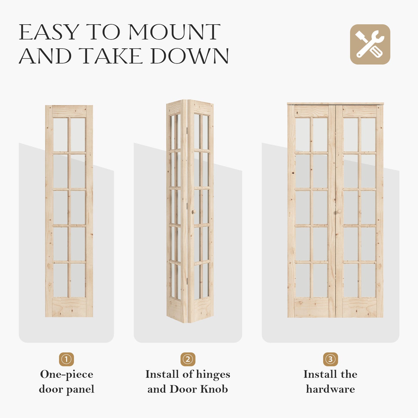 Unfinished Solid Wood Glass Bi-Fold Door With Installation Hardware Kit