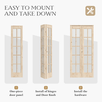 Unfinished Solid Wood Glass Bi-Fold Door With Installation Hardware Kit