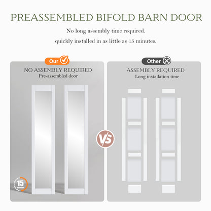 FREDBECK Preassembled Bifold Barn Door 30x84 (Double 15x84) with 1 Lites Mirror,Bi-fold Closet Doors Hardware Kit Included,34" Track for 2 Doors, PVC, White,for Living Room, Bathrooms, Kicthen