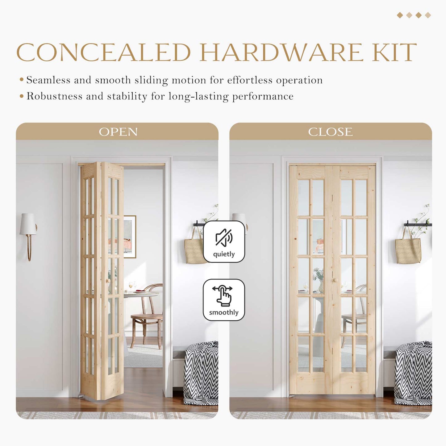 Unfinished Solid Wood Glass Bi-Fold Door With Installation Hardware Kit